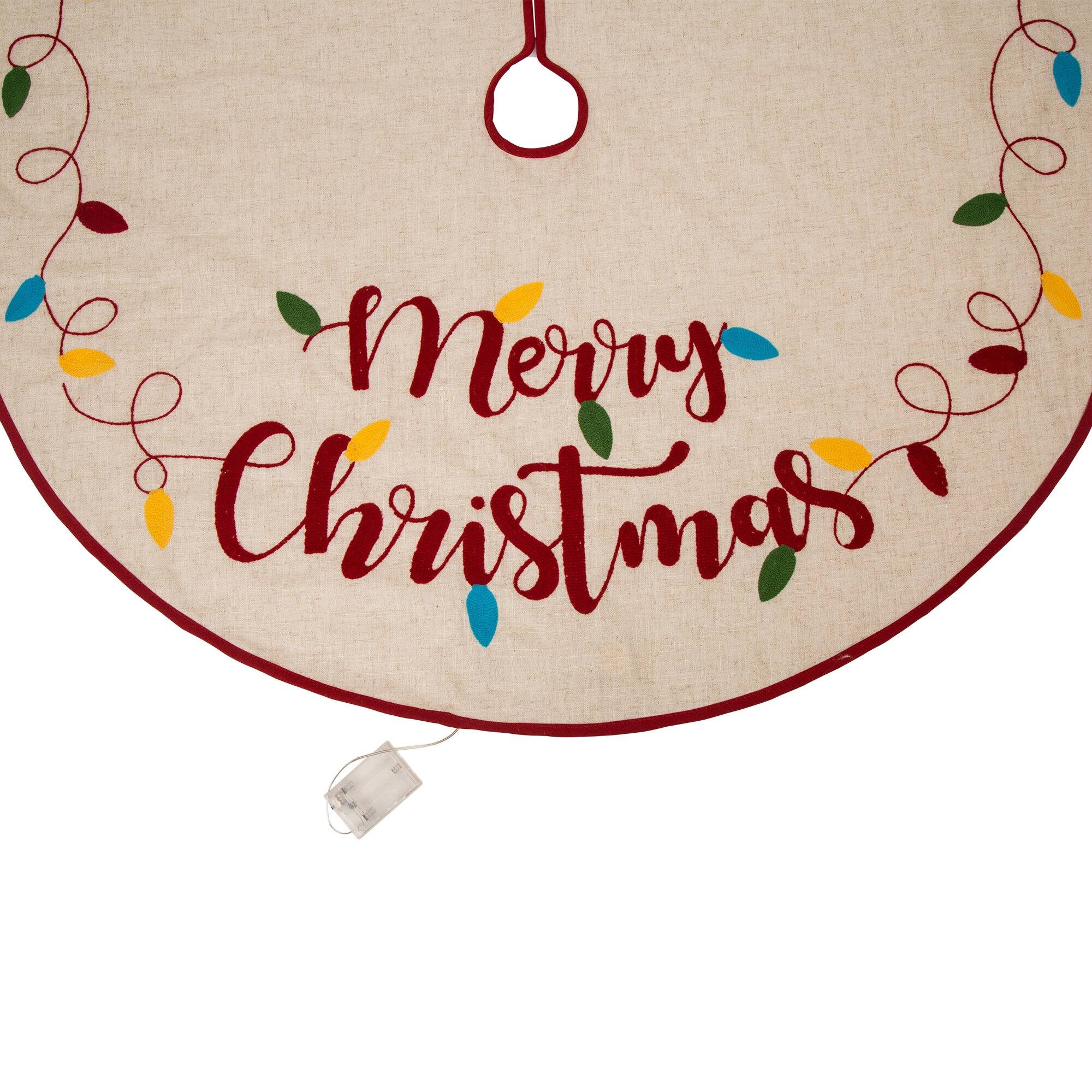 Glitzhome® 48" LED Embroidered Merry Christmas Linen Christmas Tree Skirt